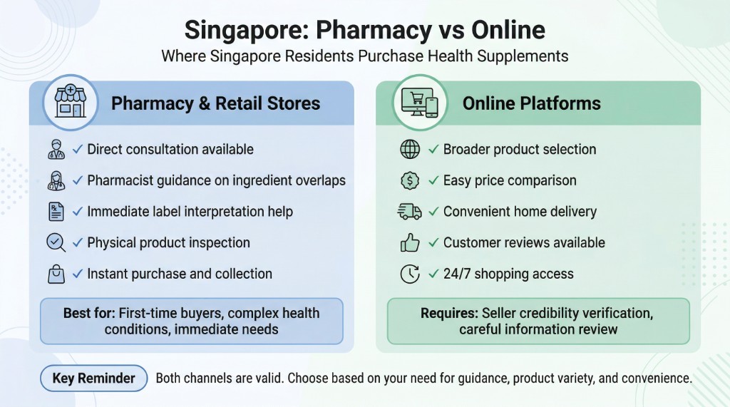 Comparison infographic: Pharmacy and retail stores offer direct consultation, pharmacist guidance on ingredient overlaps, and immediate label help. Online platforms offer broader selection and price comparison but require seller verification.